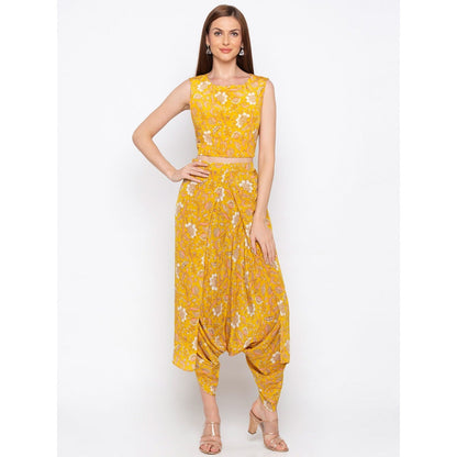 Soup by Sougat Paul Yellow Printed Crop Top With Dhoti Pants And Jacket (Set of 3)