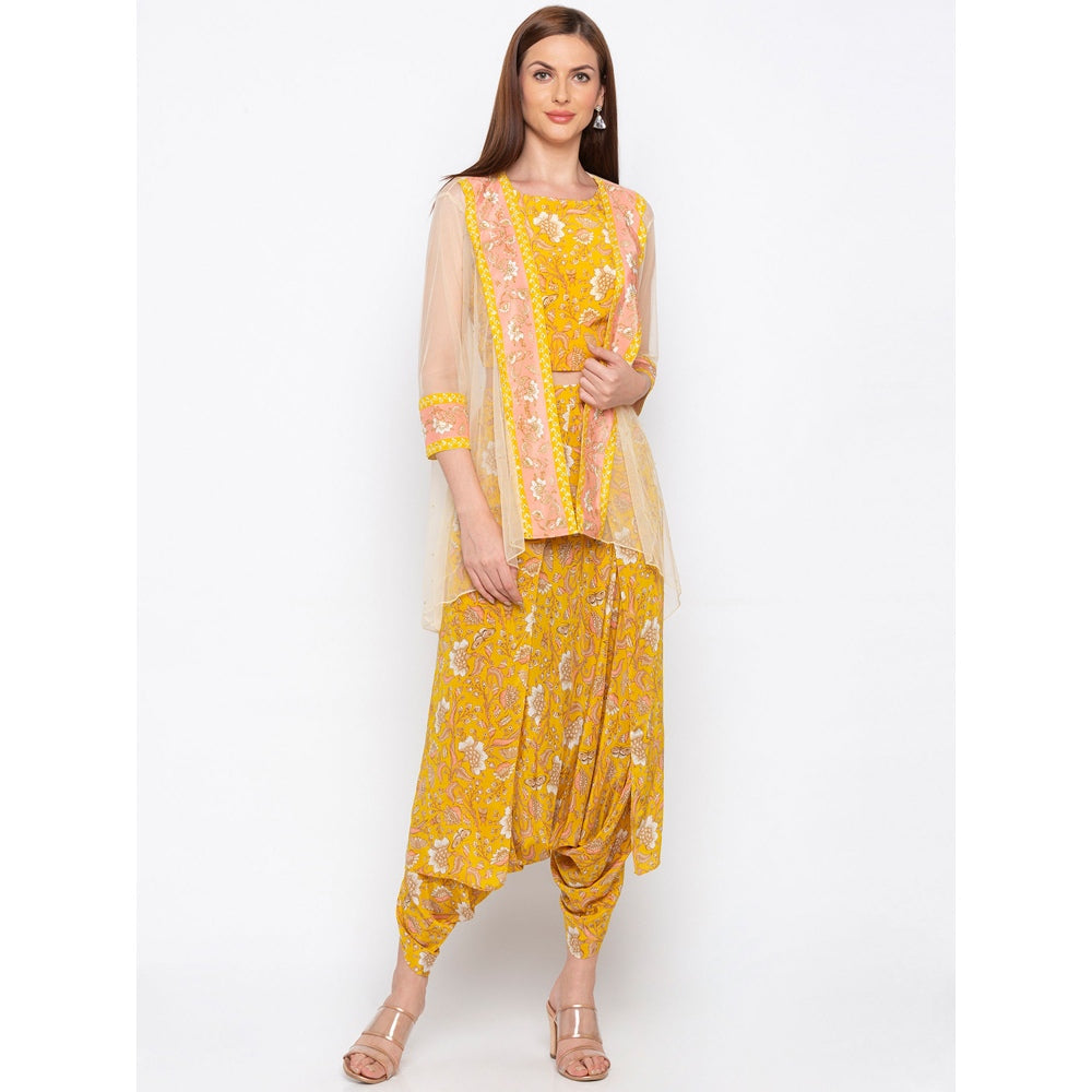 Soup by Sougat Paul Yellow Printed Crop Top With Dhoti Pants And Jacket (Set of 3)