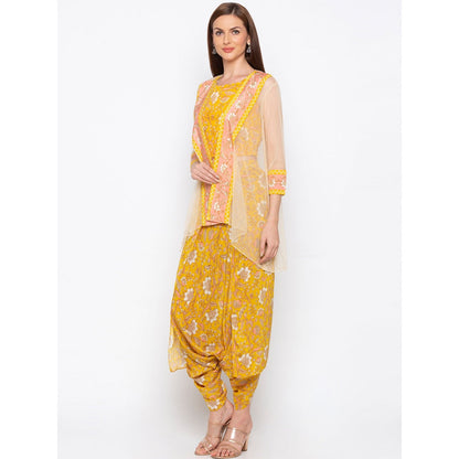 Soup by Sougat Paul Yellow Printed Crop Top With Dhoti Pants And Jacket (Set of 3)