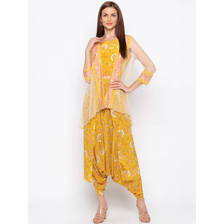 Soup by Sougat Paul Yellow Printed Crop Top With Dhoti Pants And Jacket (Set of 3)