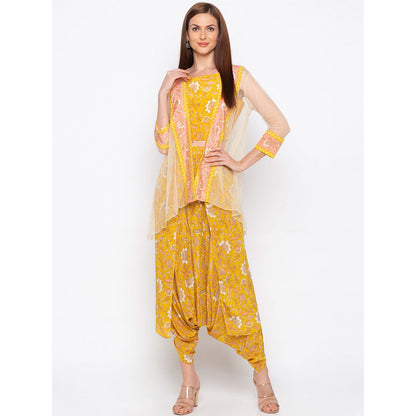 Soup by Sougat Paul Yellow Printed Crop Top With Dhoti Pants And Jacket (Set of 3)