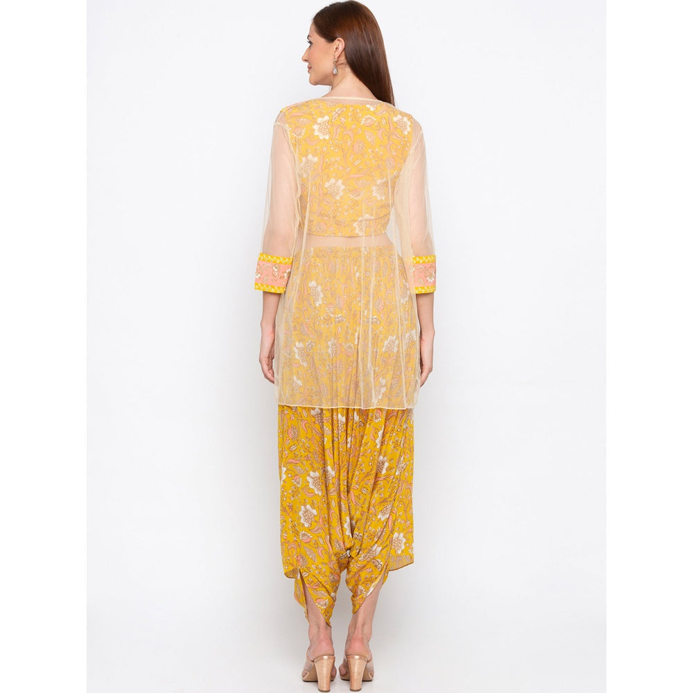 Soup by Sougat Paul Yellow Printed Crop Top With Dhoti Pants And Jacket (Set of 3)