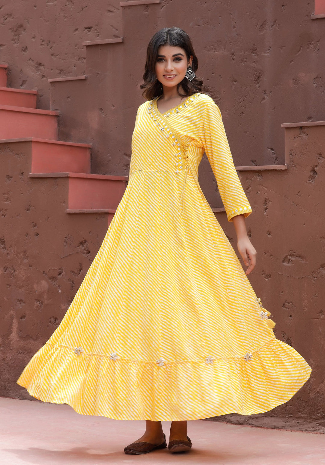 Yellow Lehariya Printed Dress Yufta