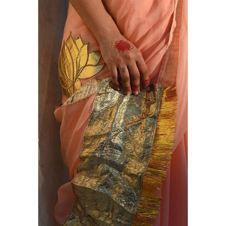 Studio Malang Peach Hand Emboidered Lotus Saree
