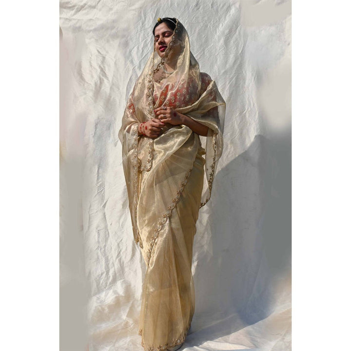 Studio Malang Tissue Silk Hand Embroidered Metallic Saree Without Blouse