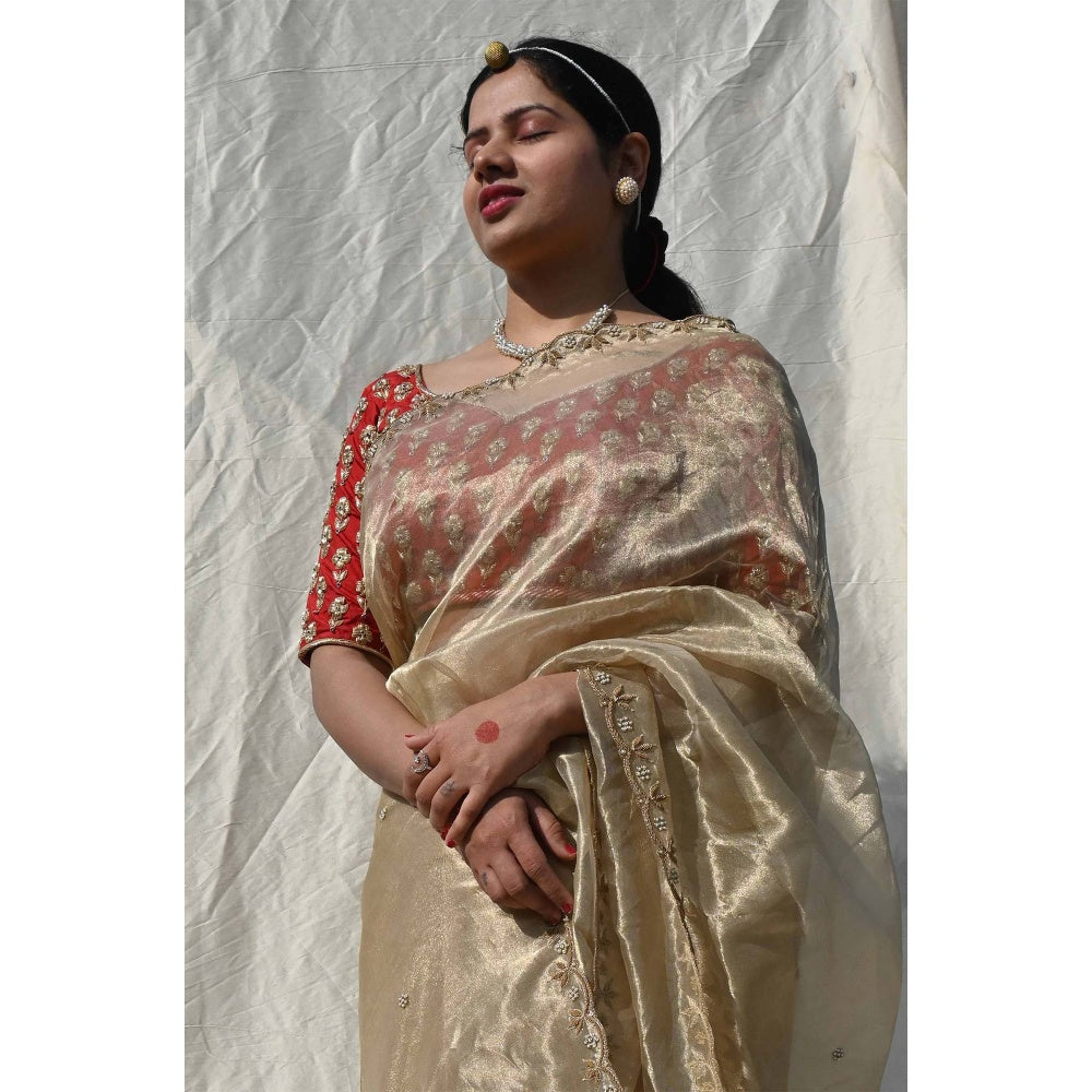 Studio Malang Tissue Silk Hand Embroidered Metallic Saree Without Blouse