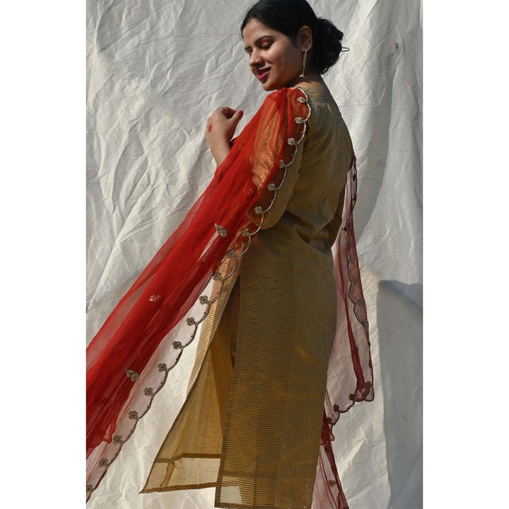 Studio Malang Red And Gold Suit Set With Hand Embroidered Scallop Zardozi Dupatta (Set Of 3)
