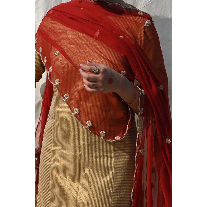 Studio Malang Red And Gold Suit Set With Hand Embroidered Scallop Zardozi Dupatta (Set Of 3)