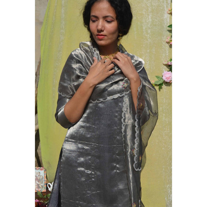 Studio Malang Silver Tissue Silk Hand Embroidered Suit Set (Set Of 3)
