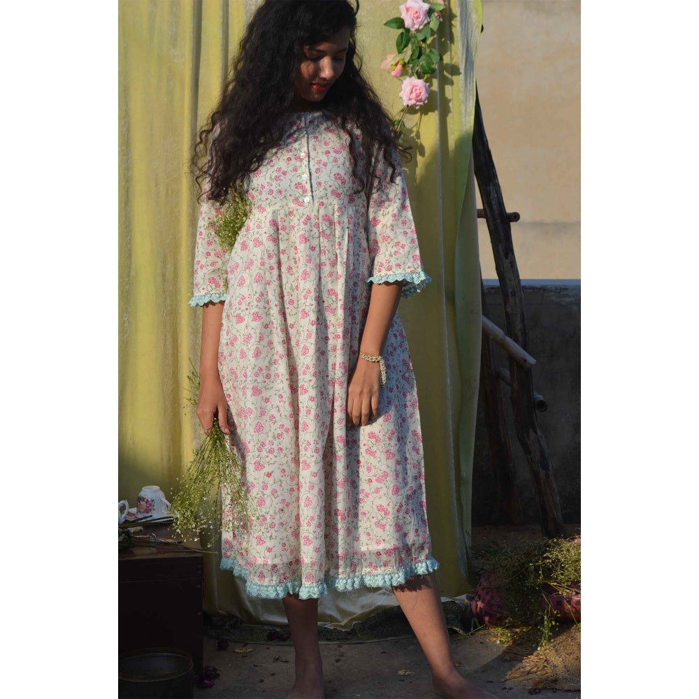 Studio Malang Chanderi Silk Rose Garden Block Printed Dress