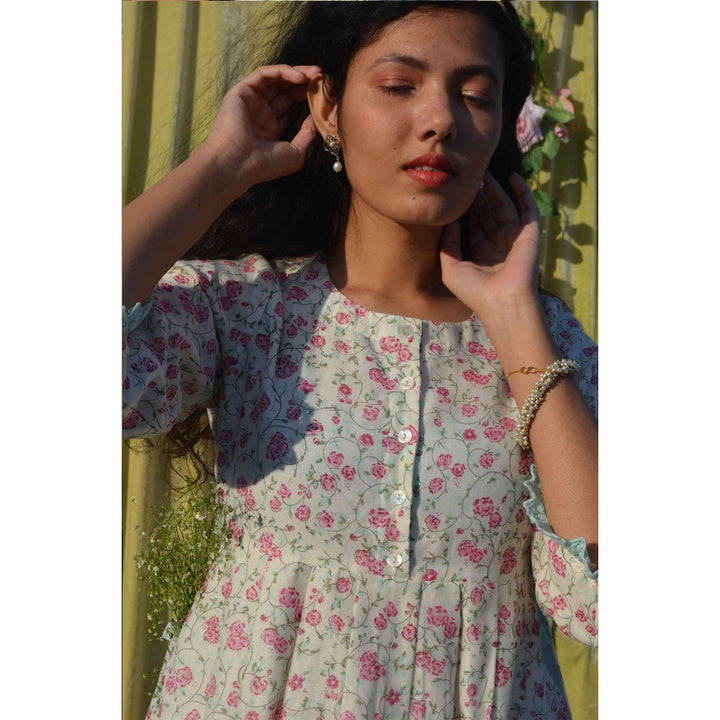 Studio Malang Chanderi Silk Rose Garden Block Printed Dress
