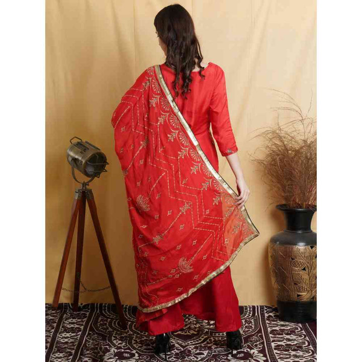 Stylee LIFESTYLE Red Silk Blend Embroidered Dress Material (Set of 3)