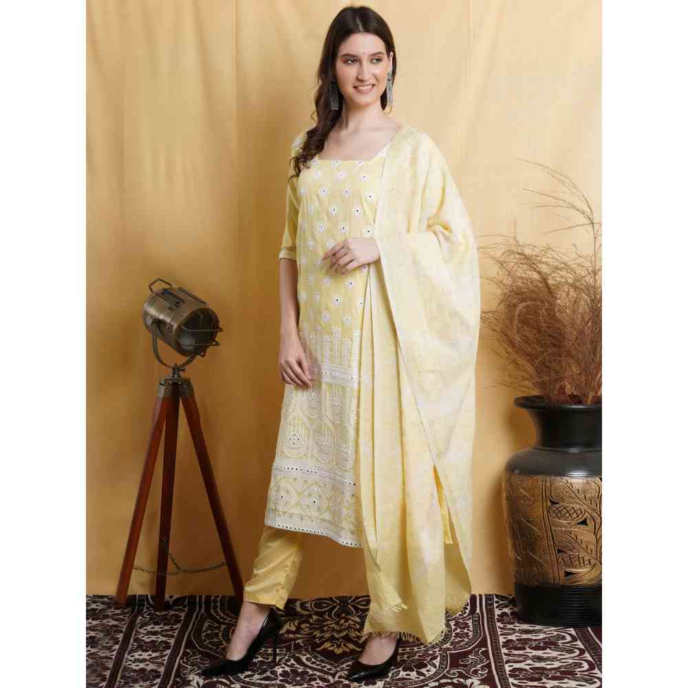 Stylee LIFESTYLE Yellow Cotton Embroidered Dress Material (Set of 3)
