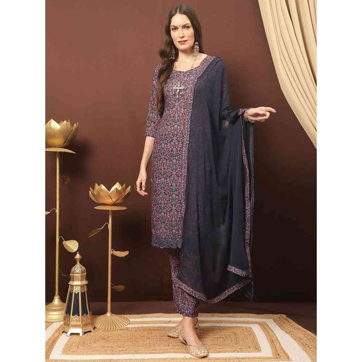 Stylee LIFESTYLE Navy Blue Cotton Blend Digital Printed Dress Material
