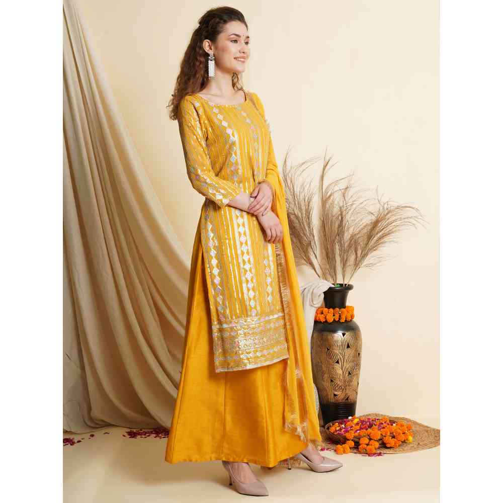 Stylee LIFESTYLE Yellow Georgette Embellished Unstitched Dress Material (Set of 3)