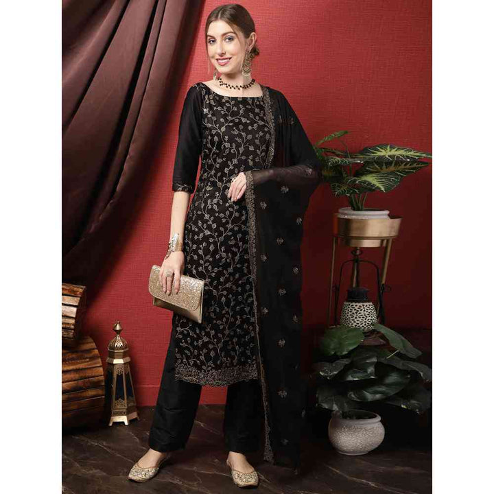 Stylee LIFESTYLE Black Cotton Silk Embroidered Unstitched Dress Material (Set of 3)
