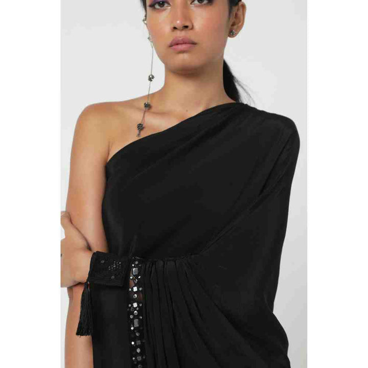 Style Junkiie Black Embroidered One-Shoulder Kaftan