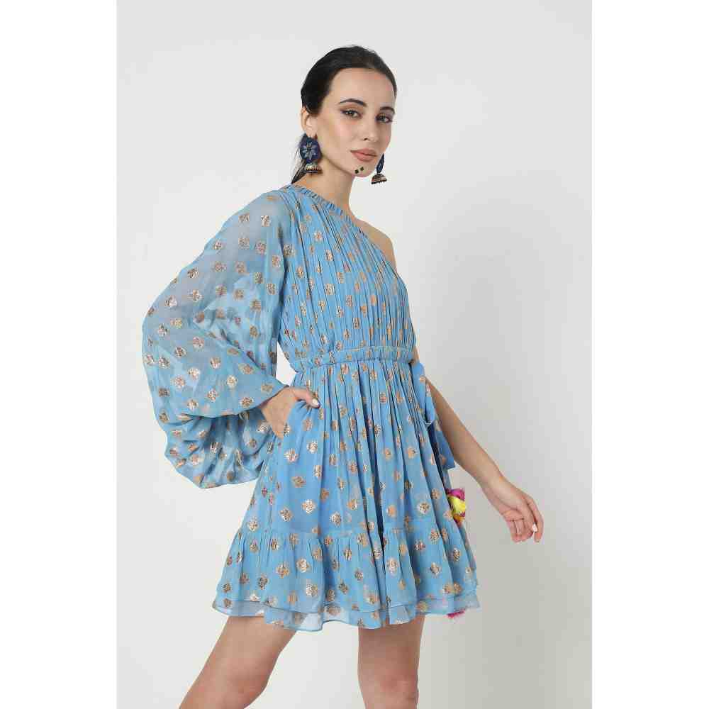 Style Junkiie Blue Embroidered One-Shoulder Dress