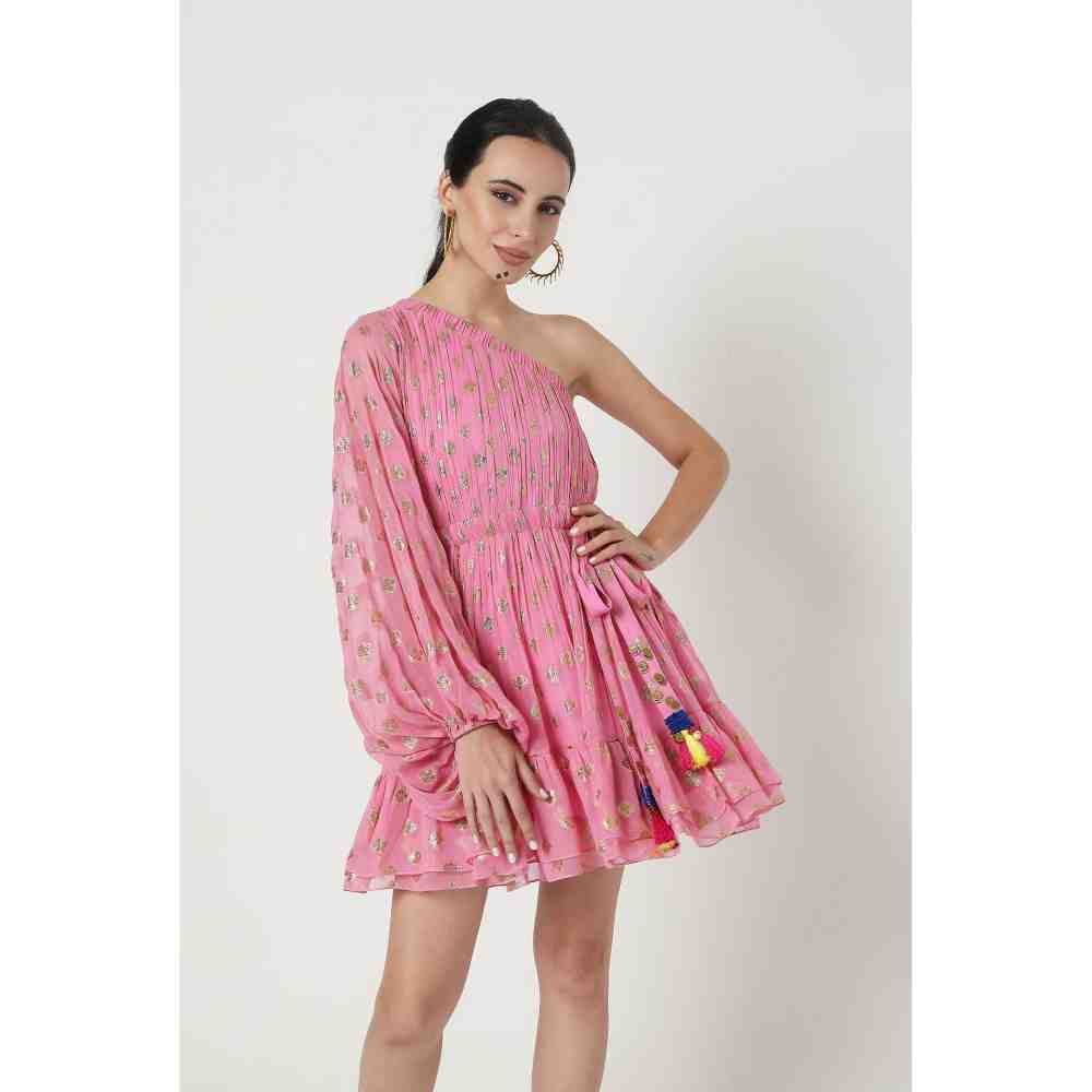 Style Junkiie Pink Embroidered One Shoulder Dress