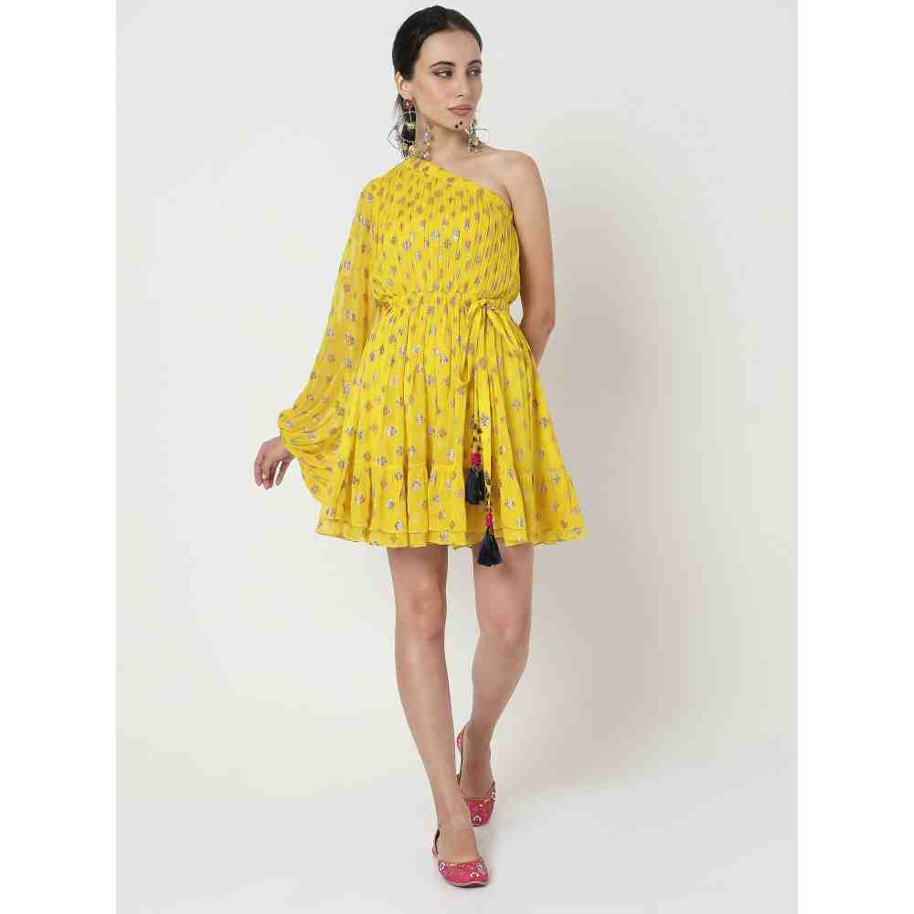Style Junkiie Yellow Embroidered One Shoulder Dress
