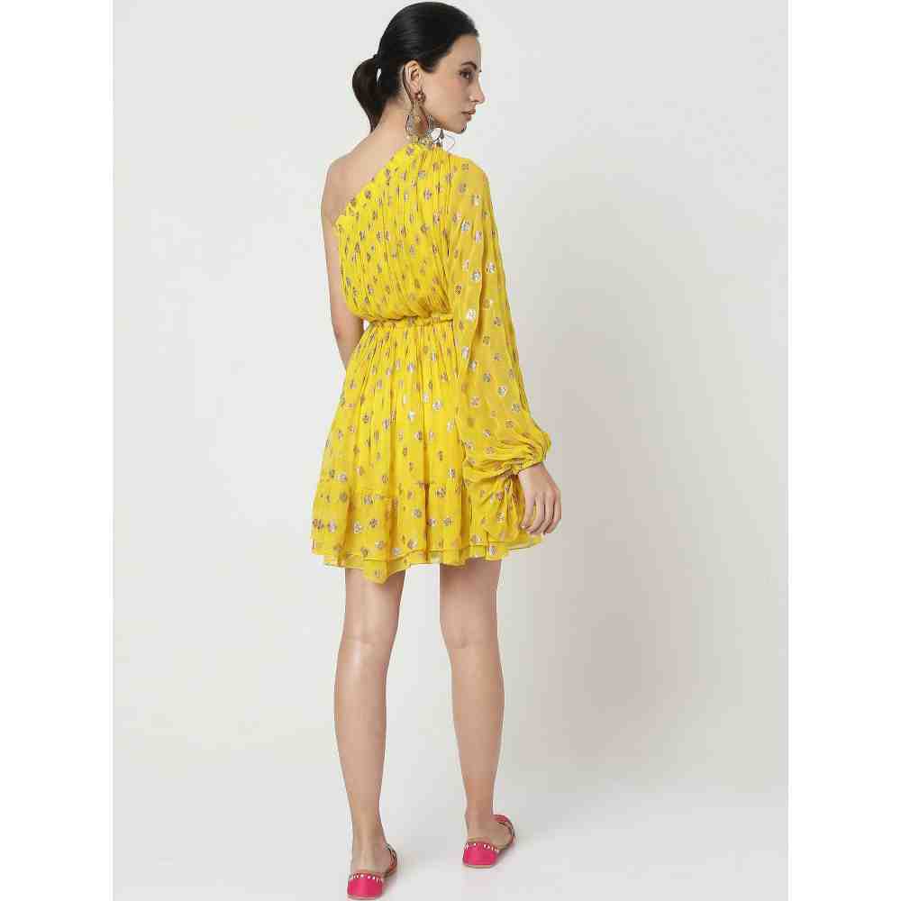 Style Junkiie Yellow Embroidered One Shoulder Dress