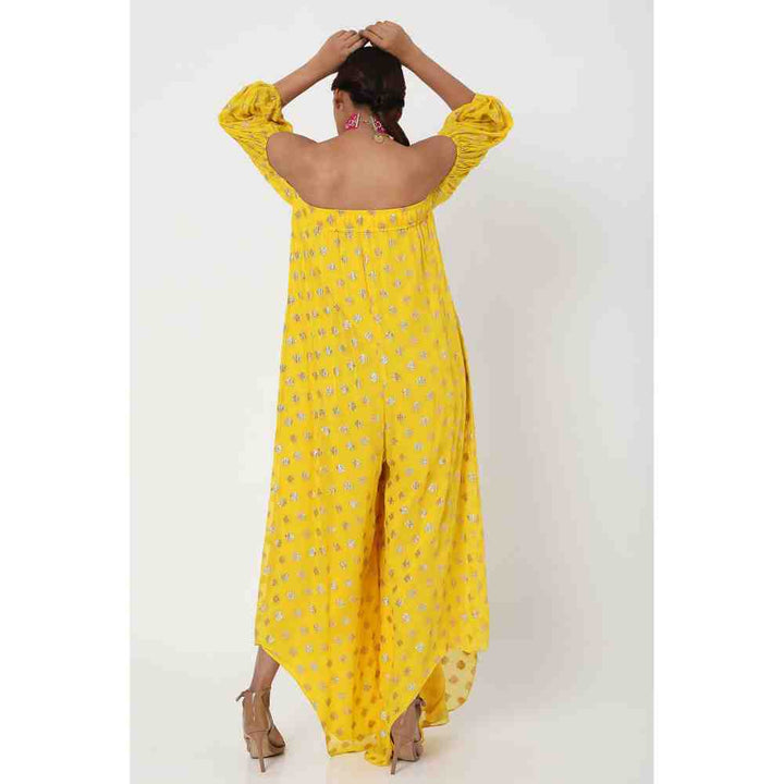 Style Junkiie Yellow Embroidered Off Shoulder Jumpsuit
