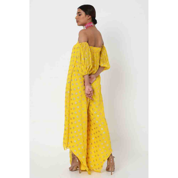 Style Junkiie Yellow Embroidered Off Shoulder Jumpsuit
