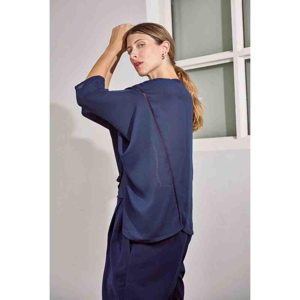 Style Junkiie Navy Blue Embroidered Shirt
