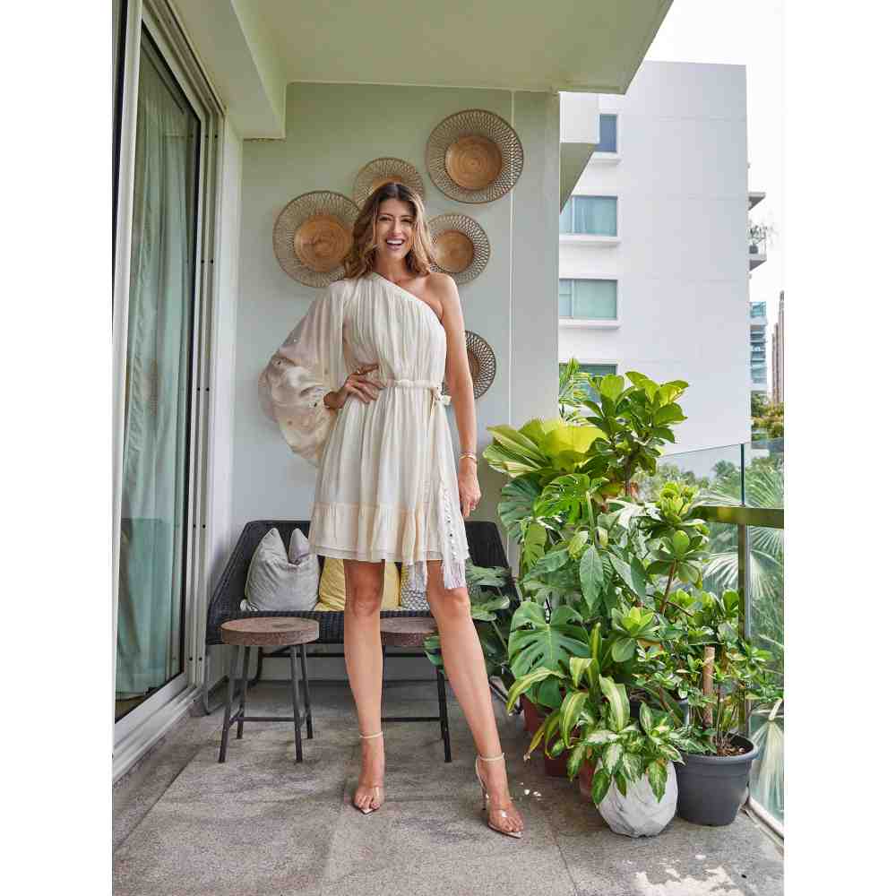 Style Junkiie Ivory Mirror Embroidered One Shoulder Dress