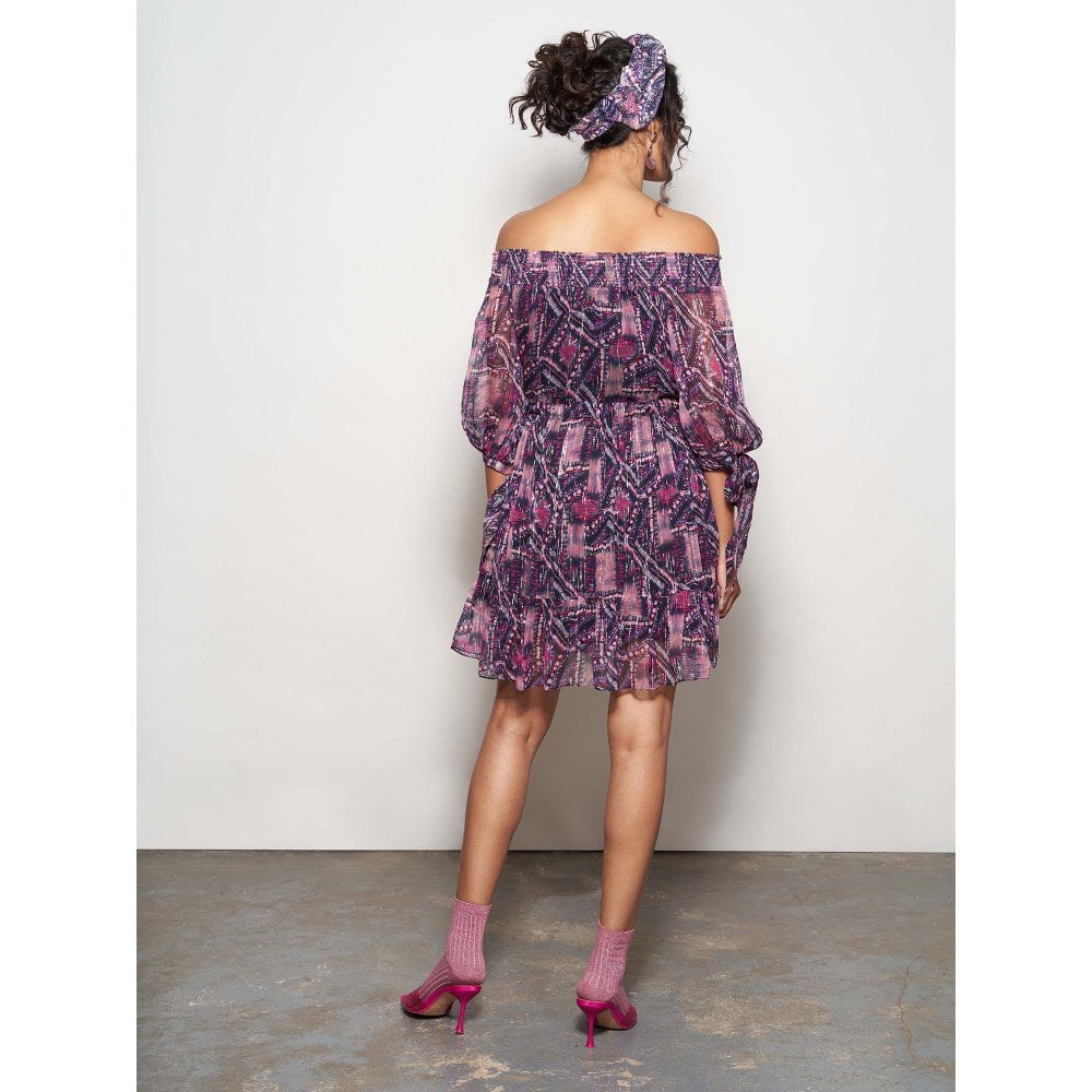Style Junkiie Fuchsia Abstract Printed Off-Shoulder Layered Dress
