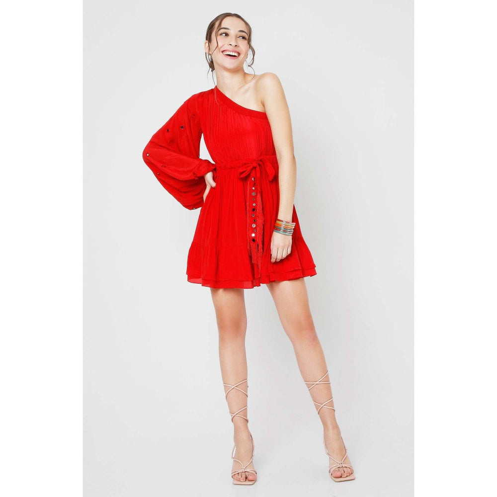 Style Junkiie Red One Shoulder Dress With Mirror Work