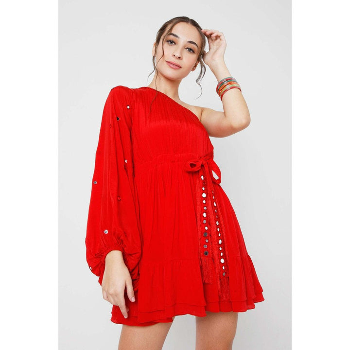 Style Junkiie Red One Shoulder Dress With Mirror Work