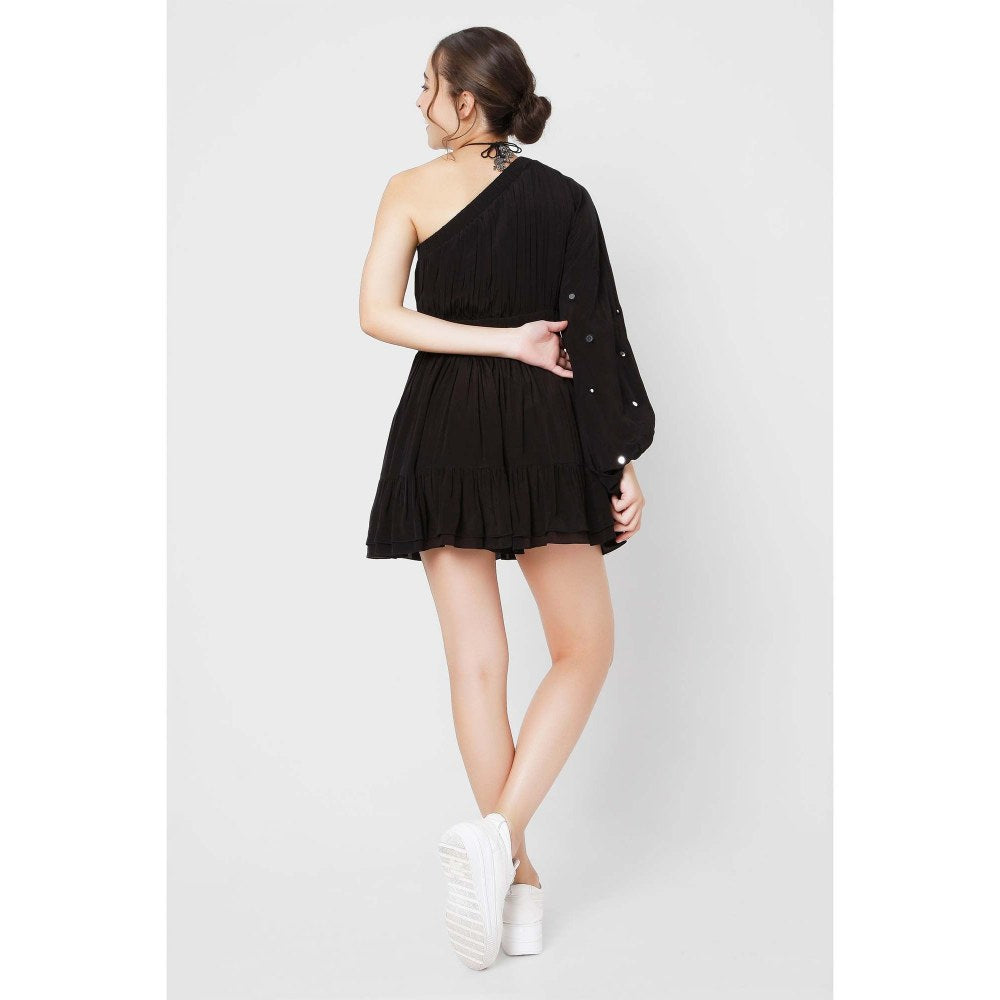 Style Junkiie Black One Shoulder Dress With Mirror Work