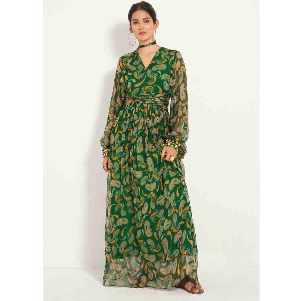 Style Junkiie Green Paisley Cut-Out Maxi Dress