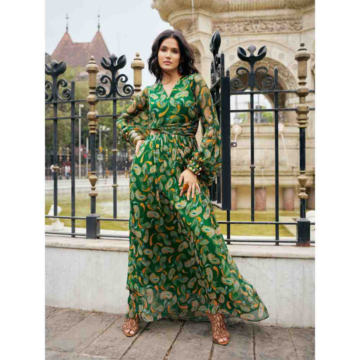 Style Junkiie Green Paisley Cut-Out Maxi Dress