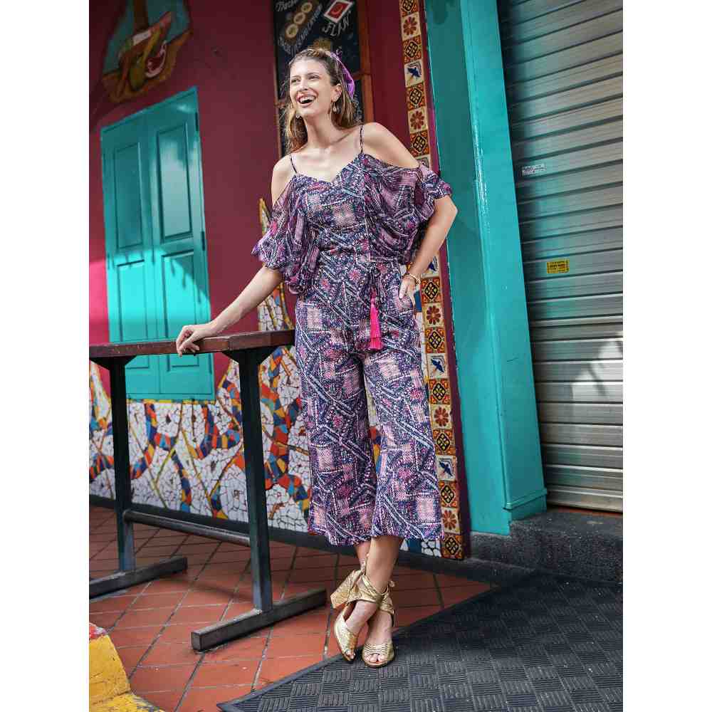Style Junkiie Fuchsia Abstract Printed Off Shoulder Jumpsuit