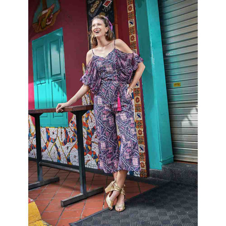 Style Junkiie Fuchsia Abstract Printed Off Shoulder Jumpsuit