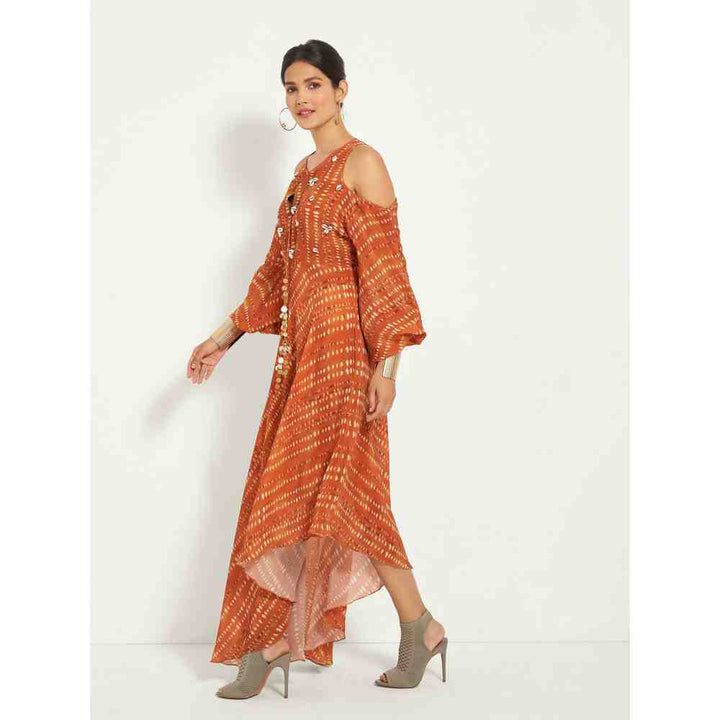 Style Junkiie Burnt Orange Cold Shoulder Dress