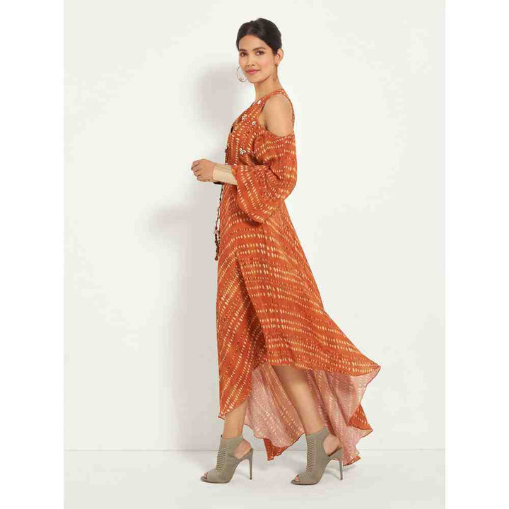 Style Junkiie Burnt Orange Cold Shoulder Dress