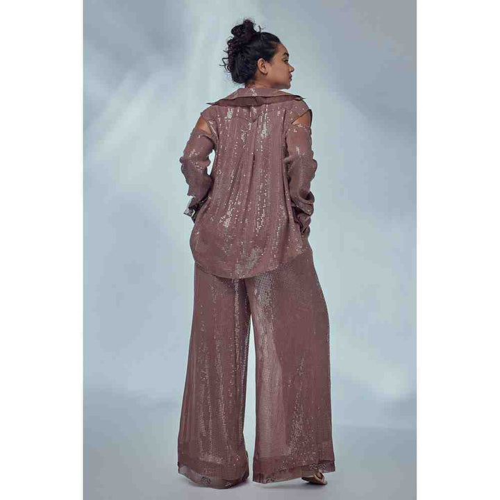 Style Junkiie Nude Oversized Cold Shoulder Sequin Shirt
