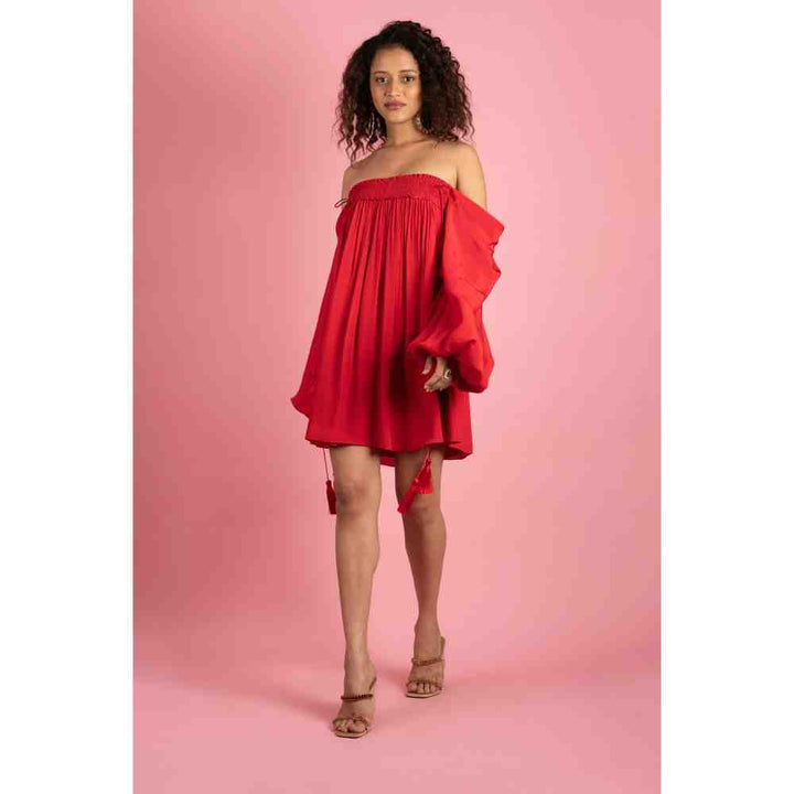 Style Junkiie Red Smocked Off Shoulder Dress