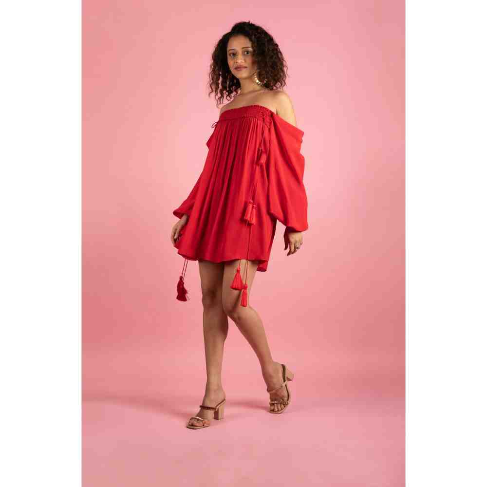 Style Junkiie Red Smocked Off Shoulder Dress