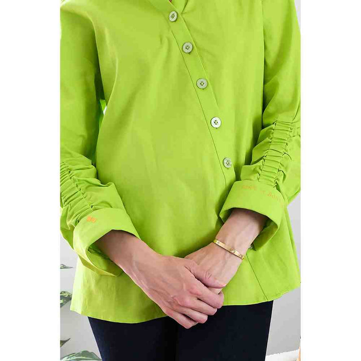 Lime Green Poplin Ruched Shirt