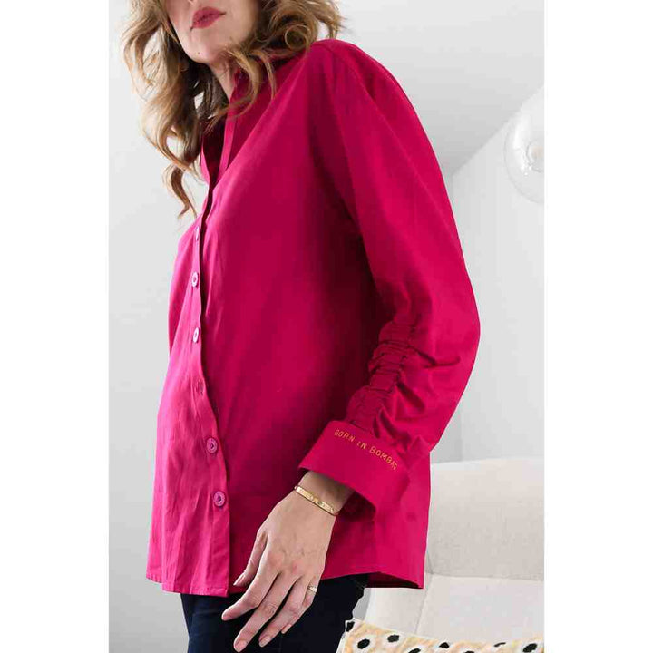 Style Junkiie Hot Pink Poplin Ruched Shirt