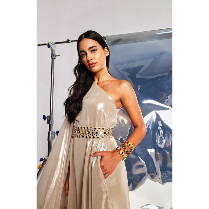 Style Junkiie Gold One Shoulder Midi Dress with Belt (Set of 2)