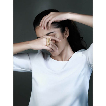 Suhani Pittie Gold Plated Dotted And Yellow Acrylic Rectangle Ring