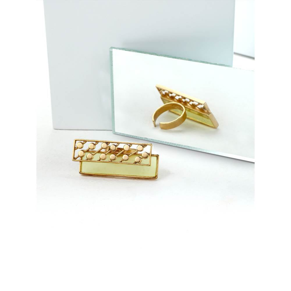 Suhani Pittie Gold Plated Dotted And Yellow Acrylic Rectangle Ring