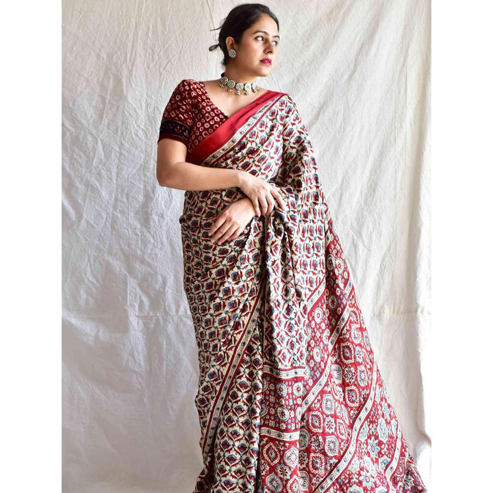Sundarii Carols-Ajrakh Masher Silk Saree with Unstitched Blouse