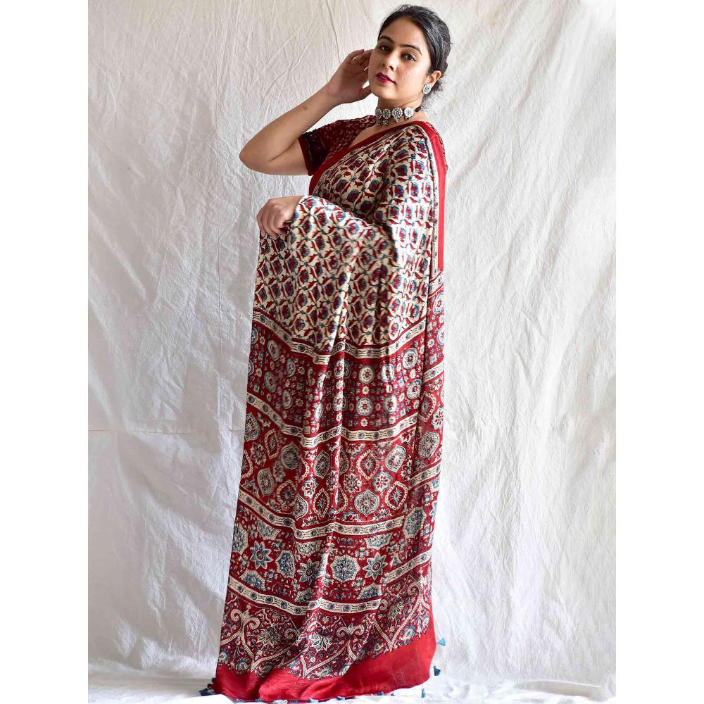 Sundarii Carols-Ajrakh Masher Silk Saree with Unstitched Blouse