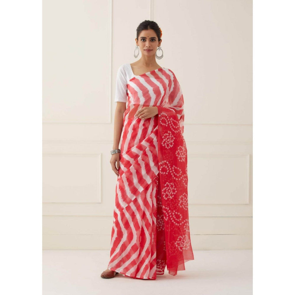 Sutra Attire Red Leheriya and Bandhani Chiffon Saree with Unstitched Blouse